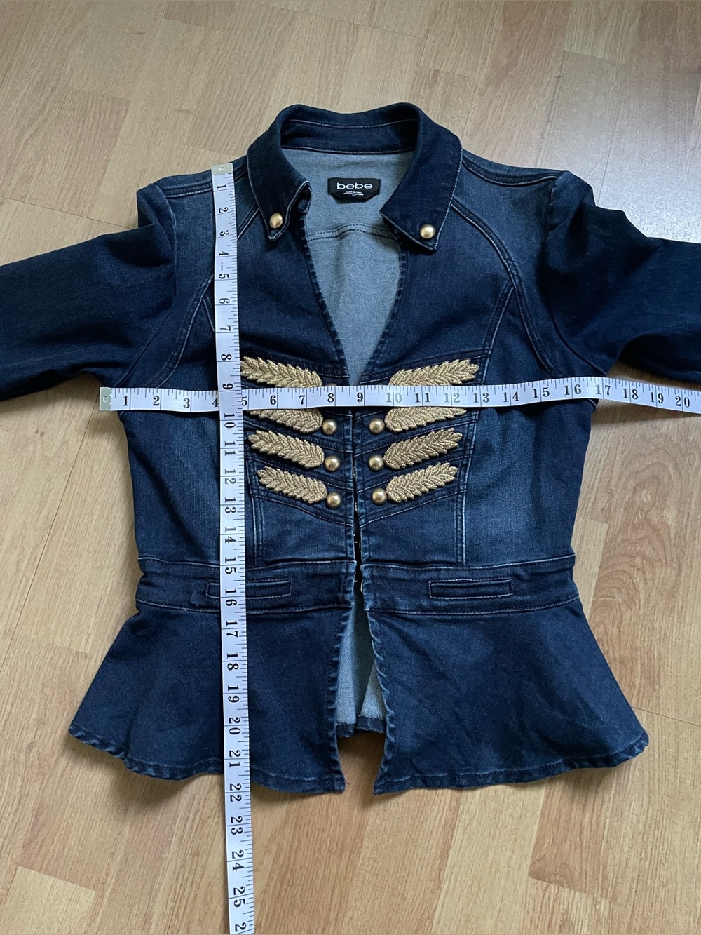Bebe Denim Military Peplum Jacket Gold Leaf Embellished Fitted S/P - Picture 11 of 12